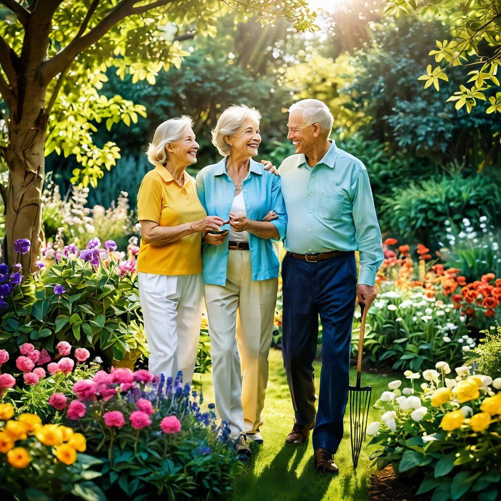 An inspiring scene of a joyful senior couple exploring a vibrant garden filled with blooming flowers and lush greenery, embodying vitality and adventure. They are engaged in a fun activity, such as painting or gardening, surrounded by nature's beauty, with sunlight gently filtering through the leaves. The atmosphere conveys a sense of wonder and fulfillment in their golden years. super-realistic. vibrant colors. soft focus.