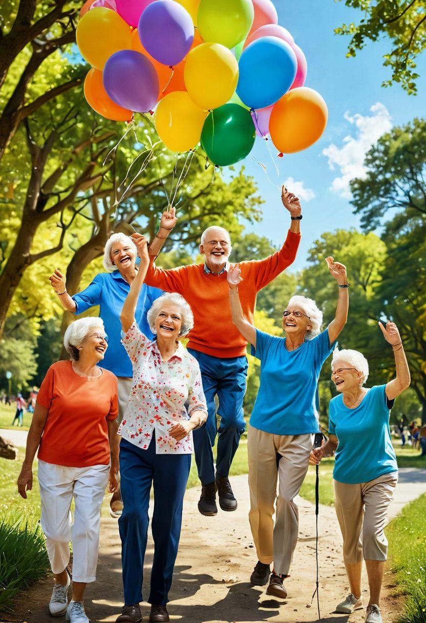 A vibrant scene depicting a diverse group of seniors joyfully engaging in various adventurous activities like hiking, painting, and dancing in a sunlit park. Include symbols of joy and community, such as laughter, colorful balloons, and nature's beauty surrounding them. Capture the essence of connectivity, positivity, and exploration in later life. super-realistic. bright colors. cheerful atmosphere.