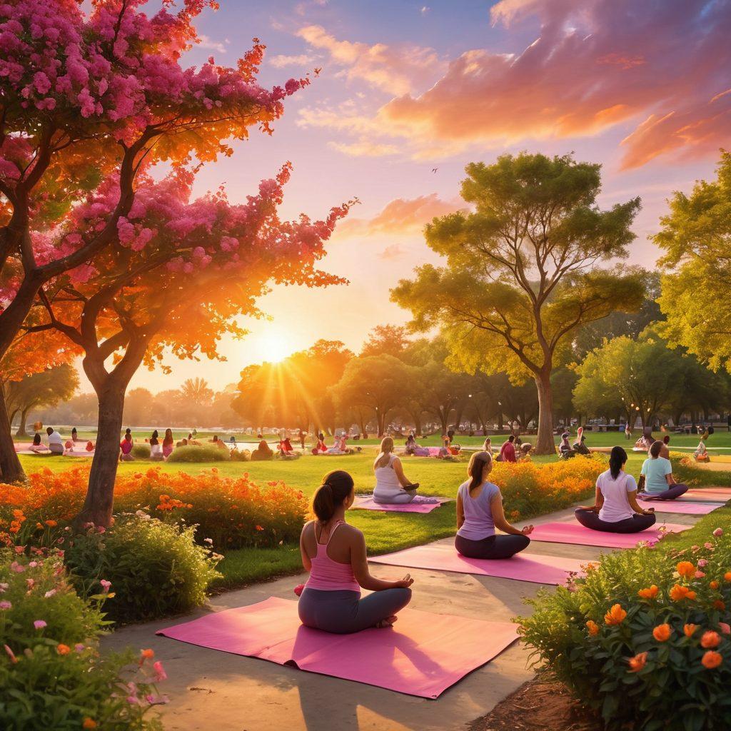 A serene park scene at sunset, filled with diverse people happily engaging in leisure activities like painting, yoga, and reading. The sky glows in vibrant oranges and pinks, with lush greenery surrounding them. Include elements representing financial support, like playful piggy banks and charts, subtly integrated into the environment. The overall mood conveys joy, community, and hope for the future. super-realistic. vibrant colors. soft focus.